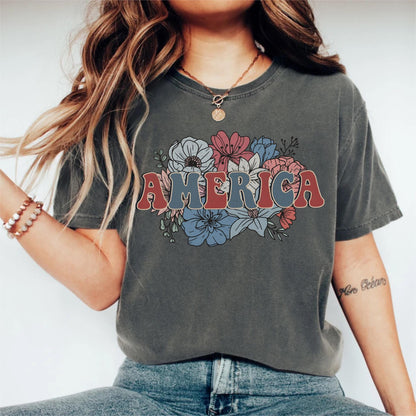 Retro Floral America Shirt, Trendy 4th of July Tee, Patriotic Shirt, USA Tee, Cute Gift for Her