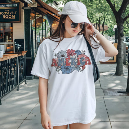 Retro Floral America Shirt, Trendy 4th of July Tee, Patriotic Shirt, USA Tee, Cute Gift for Her