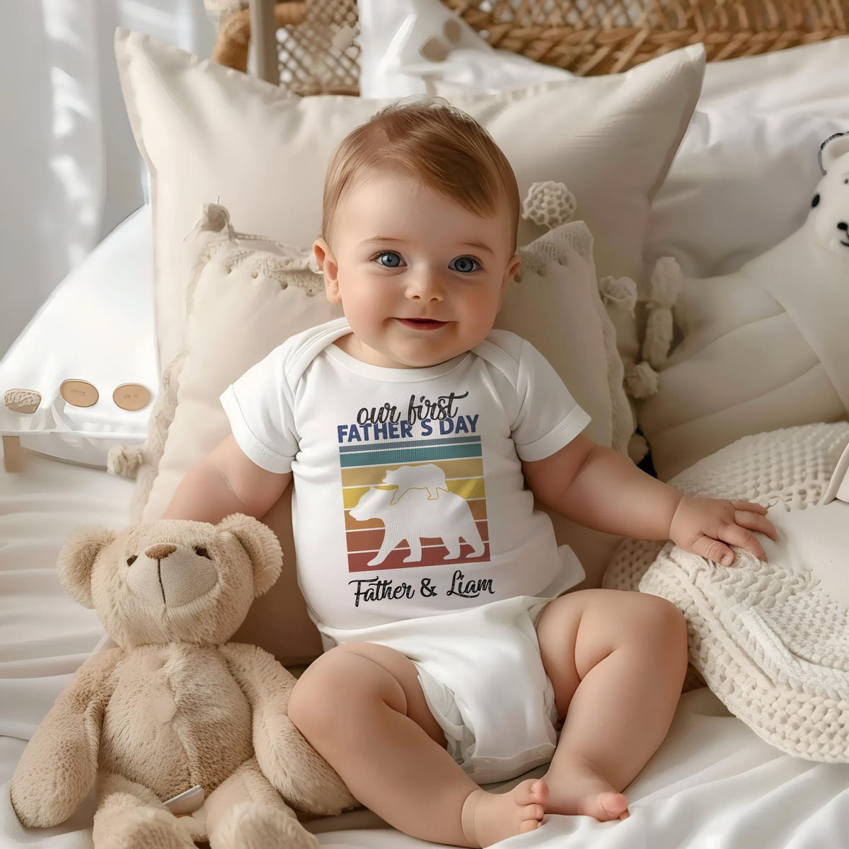Our First Father's Day 2025 Shirt, Custom Dad and Baby Matching Tee, Daddy Bear Shirt with Kids’ Name, 1st Father’s Day Gift