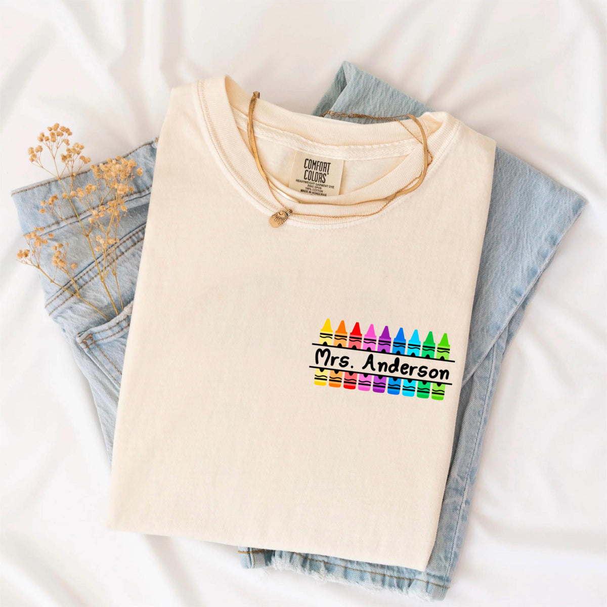 Personalized Teacher Shirt – Custom Crayon Tee, Back to School Tee, Teacher Name Shirt, Gift Shirt for Educators