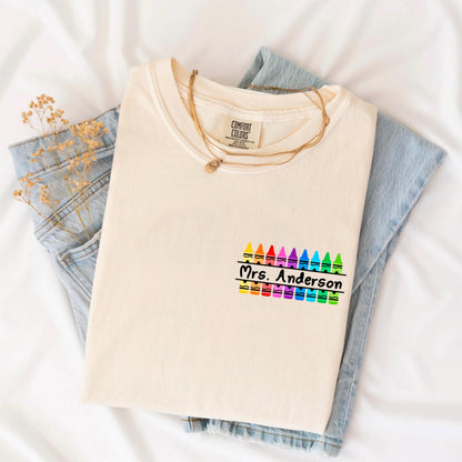 Personalized Teacher Shirt – Custom Crayon Tee, Back to School Tee, Teacher Name Shirt, Gift Shirt for Educators