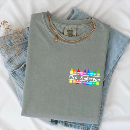 Personalized Teacher Shirt – Custom Crayon Tee, Back to School Tee, Teacher Name Shirt, Gift Shirt for Educators