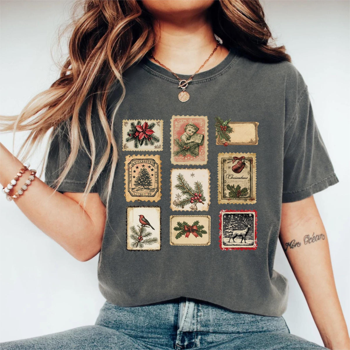 Vintage Christmas Shirt, Retro Holiday Stamps Tee, Festive Winter Tee, Christmas Party Shirt, Cute Xmas Shirt