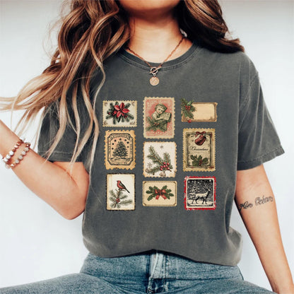 Vintage Christmas Shirt, Retro Holiday Stamps Tee, Festive Winter Tee, Christmas Party Shirt, Cute Xmas Shirt