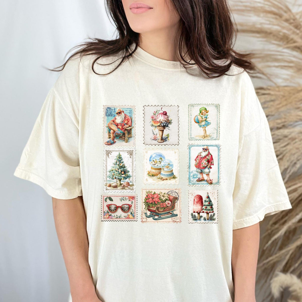 Vintage Christmas Shirt, Retro Holiday Stamps Tee, Festive Winter Tee, Summer Xmas Shirt, Christmas Party Shirt