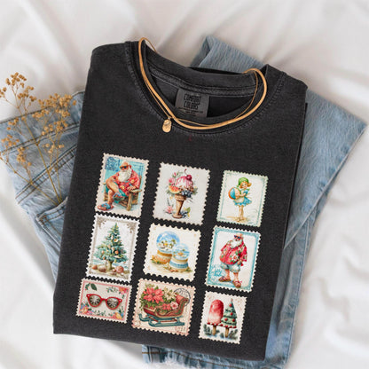 Vintage Christmas Shirt, Retro Holiday Stamps Tee, Festive Winter Tee, Summer Xmas Shirt, Christmas Party Shirt