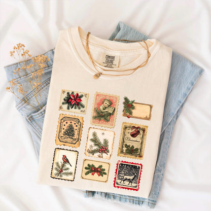 Vintage Christmas Shirt, Retro Holiday Stamps Tee, Festive Winter Tee, Christmas Party Shirt, Cute Xmas Shirt