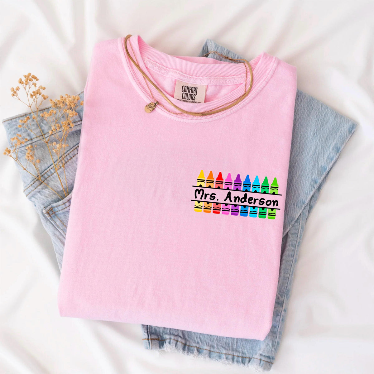 Personalized Teacher Shirt – Custom Crayon Tee, Back to School Tee, Teacher Name Shirt, Gift Shirt for Educators