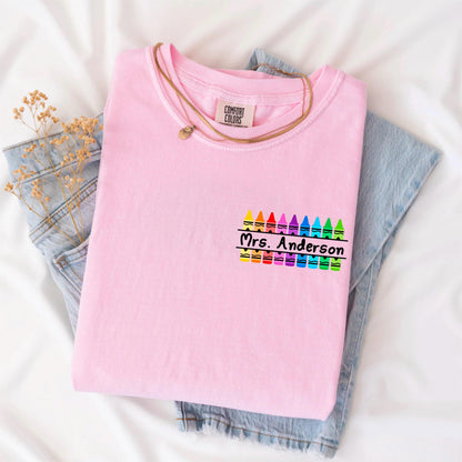 Personalized Teacher Shirt – Custom Crayon Tee, Back to School Tee, Teacher Name Shirt, Gift Shirt for Educators