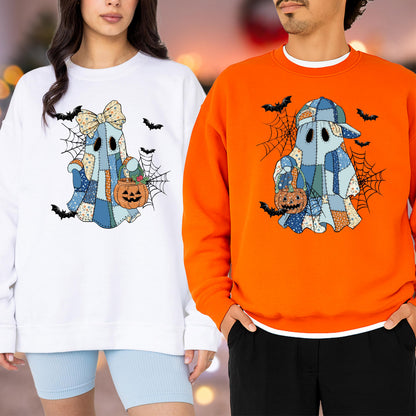 May include: A white sweatshirt and an orange sweatshirt, each featuring a graphic of a ghost made of blue patchwork fabric. The ghosts hold orange jack-o'-lantern buckets, surrounded by black spiderwebs and flying bats. The white sweatshirt ghost wears a bow, while the orange sweatshirt ghost wears a baseball cap.