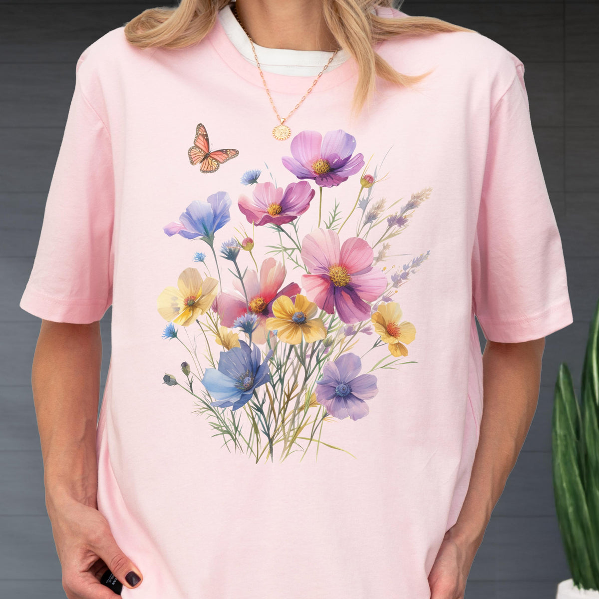 Wildflower Bouquet T-Shirt: Butterfly Floral Print, Botanical Garden Tee