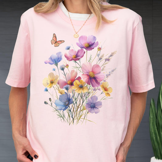 Wildflower Bouquet T-Shirt: Butterfly Floral Print, Botanical Garden Tee