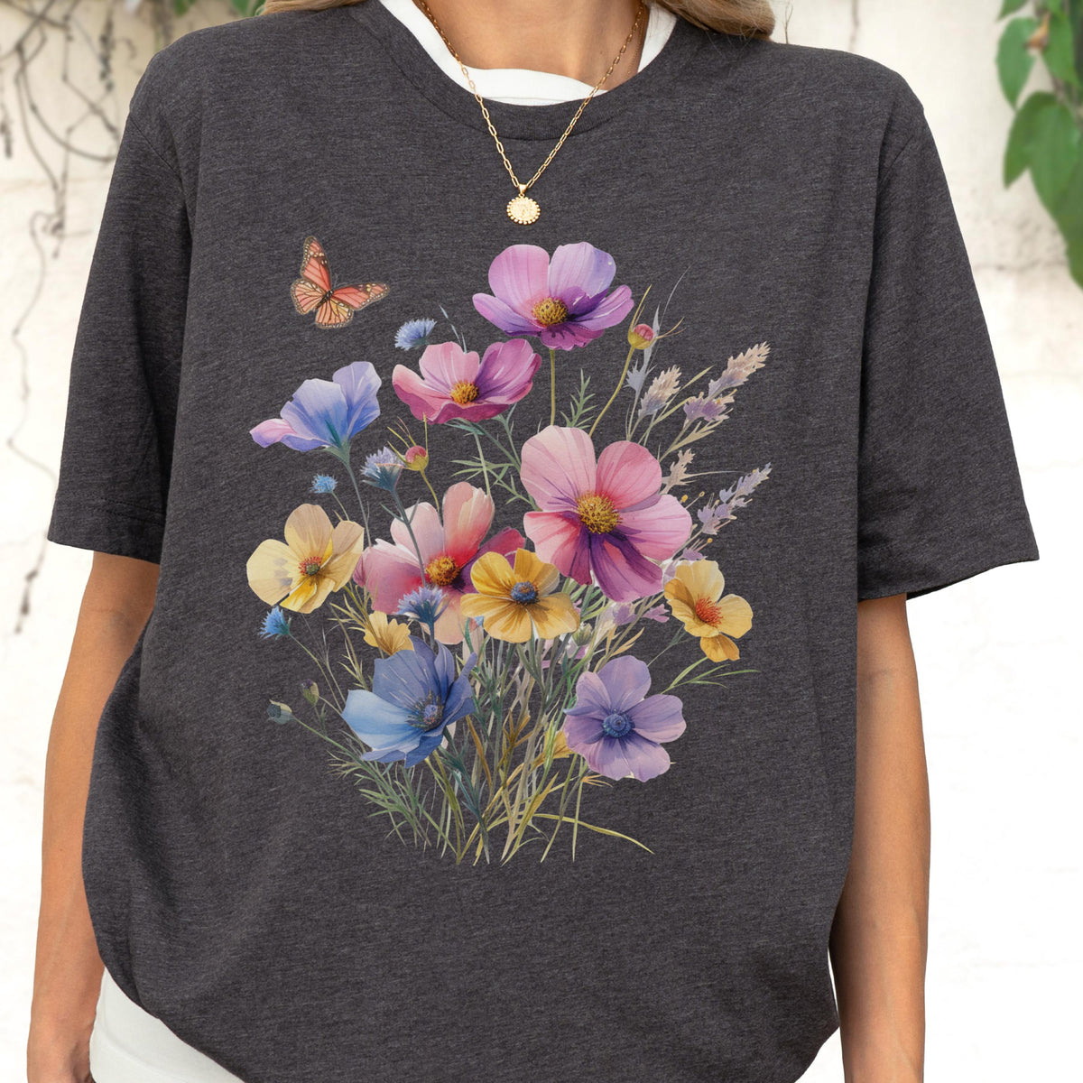 Wildflower Bouquet T-Shirt: Butterfly Floral Print, Botanical Garden Tee
