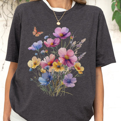 Wildflower Bouquet T-Shirt: Butterfly Floral Print, Botanical Garden Tee