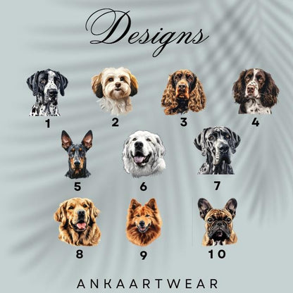 May include: A collection of ten dog breed designs, each numbered, including a Dalmatian, a Havanese, a Cocker Spaniel, and a Springer Spaniel. The word "Designs" is written in cursive at the top, with the brand name "ANKAARTWEAR" at the bottom.