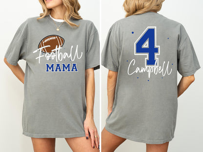 May include: Gray t-shirt with a football graphic and the words "Football MAMA" in white and blue. The back of the shirt features the number 4 in blue and white, with the name "Campbell" in white.