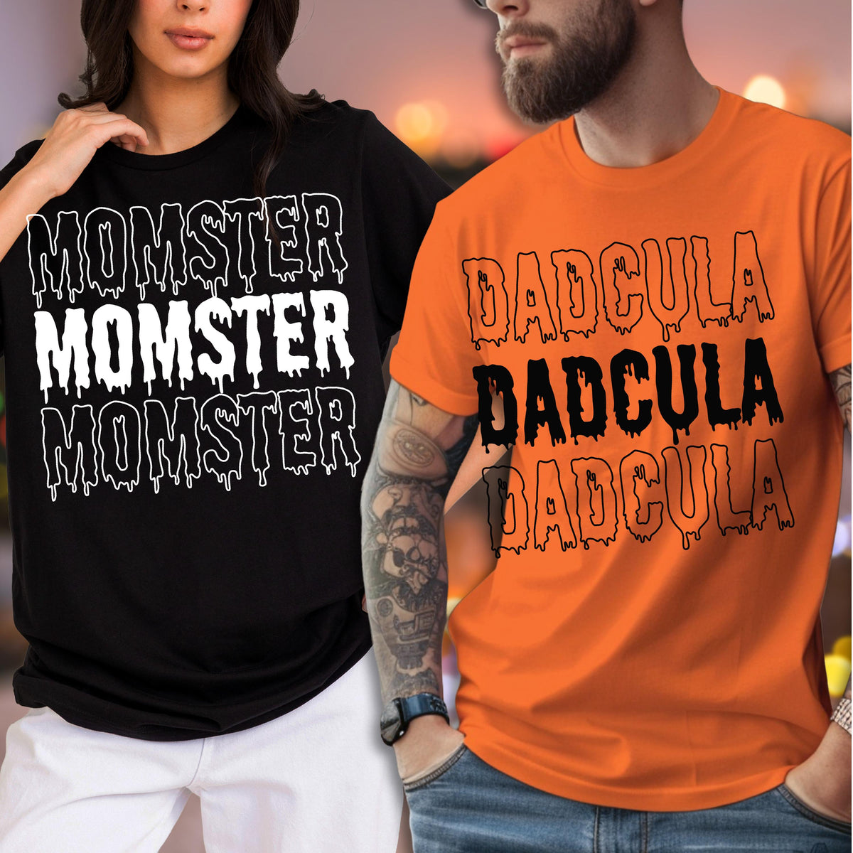 May include: Black t-shirt with the text "MOMSTER" in a dripping font. An orange t-shirt with the text "DADcula" in a dripping font. The shirts are likely for Halloween or a similar themed event.