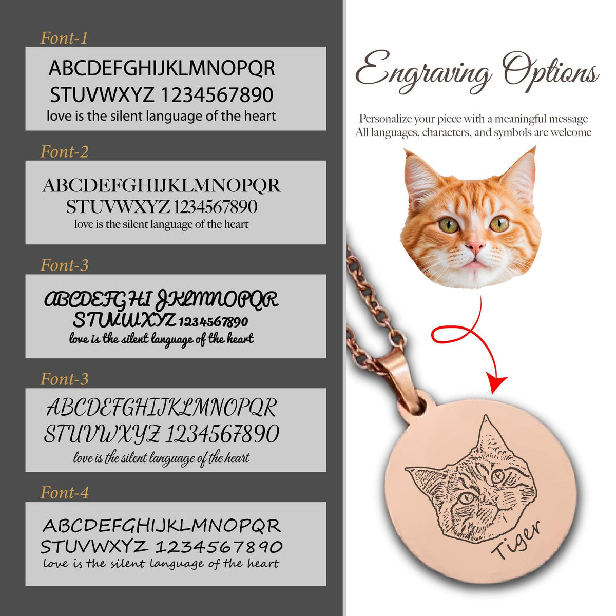 May include: A rose gold pendant necklace featuring a detailed engraved cat portrait with the word "Tiger" below it. The image also shows font options and text that reads "Engraving Options" and "love is the silent language of the heart."