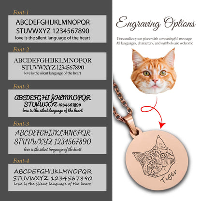 May include: A rose gold pendant necklace featuring a detailed engraved cat portrait with the word "Tiger" below it. The image also shows font options and text that reads "Engraving Options" and "love is the silent language of the heart."