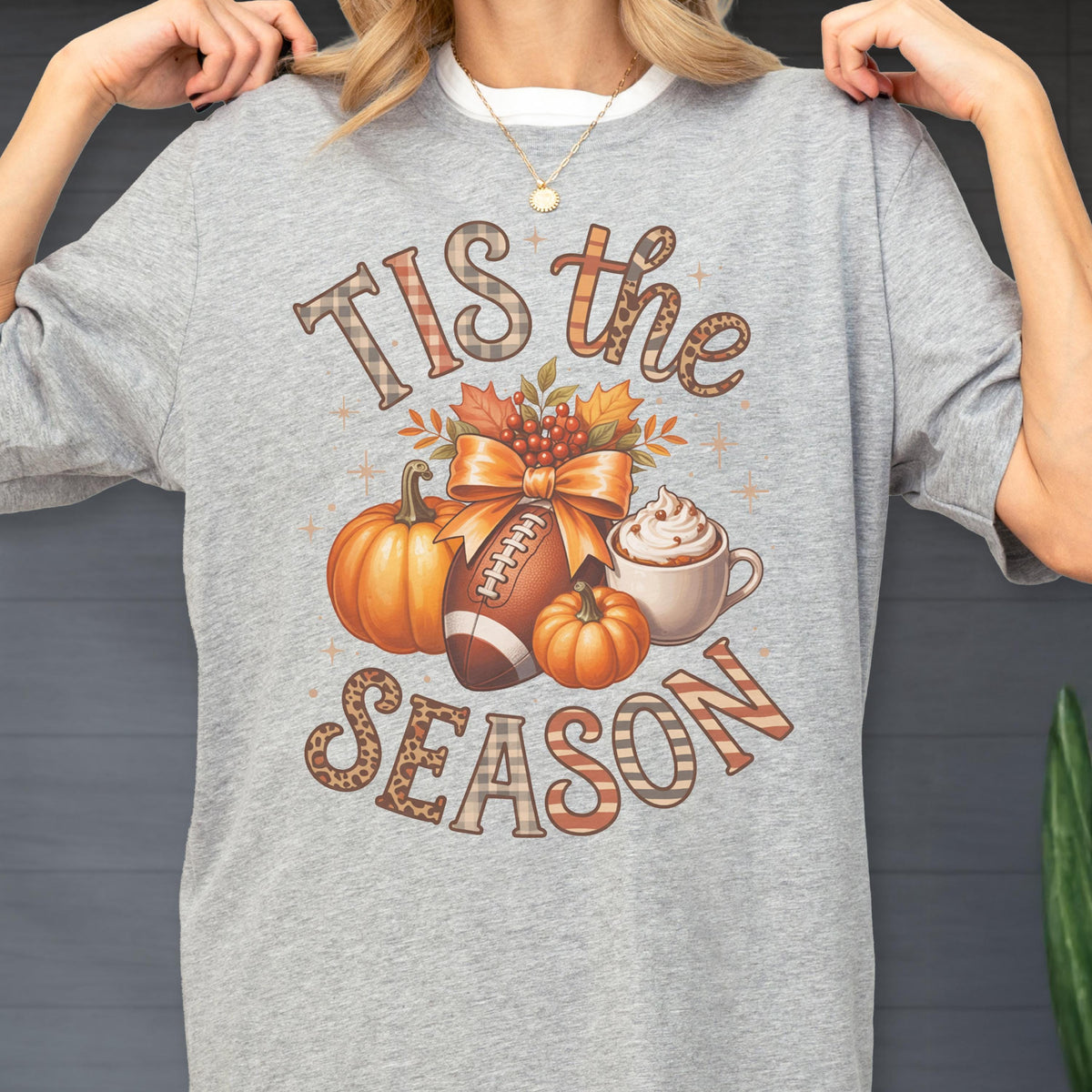 May include: A gray t-shirt with a fall-themed graphic. The design includes pumpkins, a football, a cup of whipped cream, and the text "TIS the SEASON" in various patterns and colors. The shirt is a crew neck.