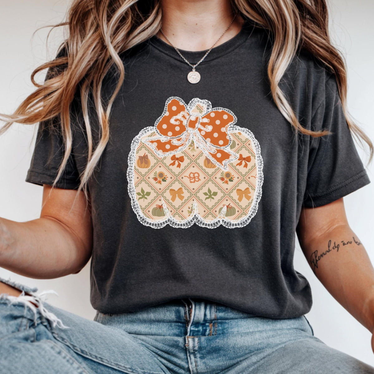 Lace Pumpkin Shirt – Cute Fall Tee, Preppy Coquette Halloween Hoodie, Autumn Mom Sweatshirt, Fall Teacher Shirt