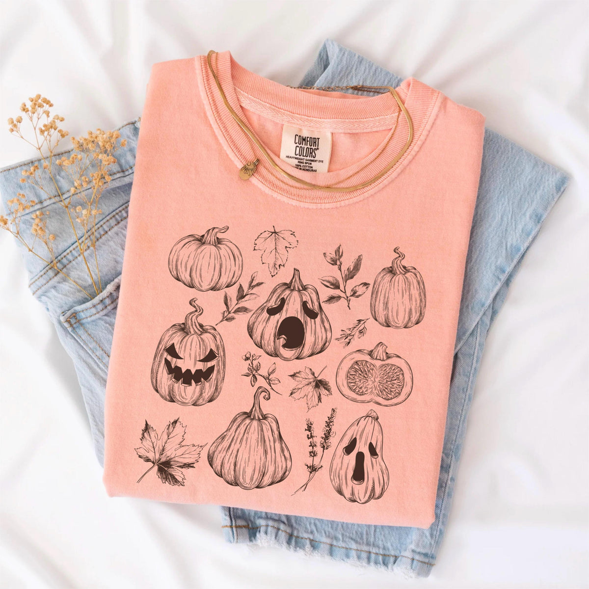 Hand-Drawn Pumpkin Shirt: Vintage Floral Fall Tee