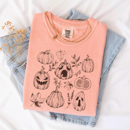 Hand-Drawn Pumpkin Shirt: Vintage Floral Fall Tee