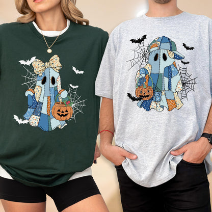 May include: Two Halloween-themed sweatshirts. One is dark green, the other is light gray. Both feature a patchwork ghost design holding a jack-o'-lantern. Bats and spiderwebs are also included in the design. The ghost on the gray shirt wears a baseball cap.