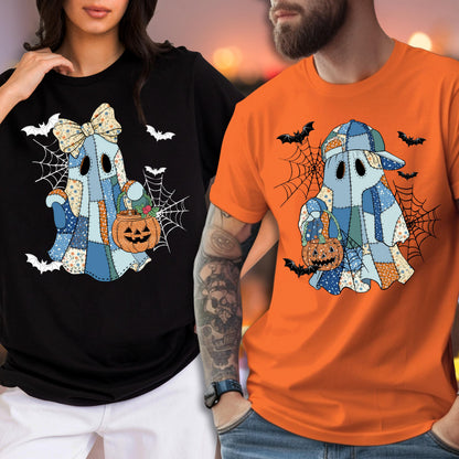 May include: Black and orange t-shirts featuring Halloween ghost designs. The ghost characters are patchwork with blue, orange, and white patterns, holding jack-o'-lanterns. Bats and spiderwebs are also featured in the design.