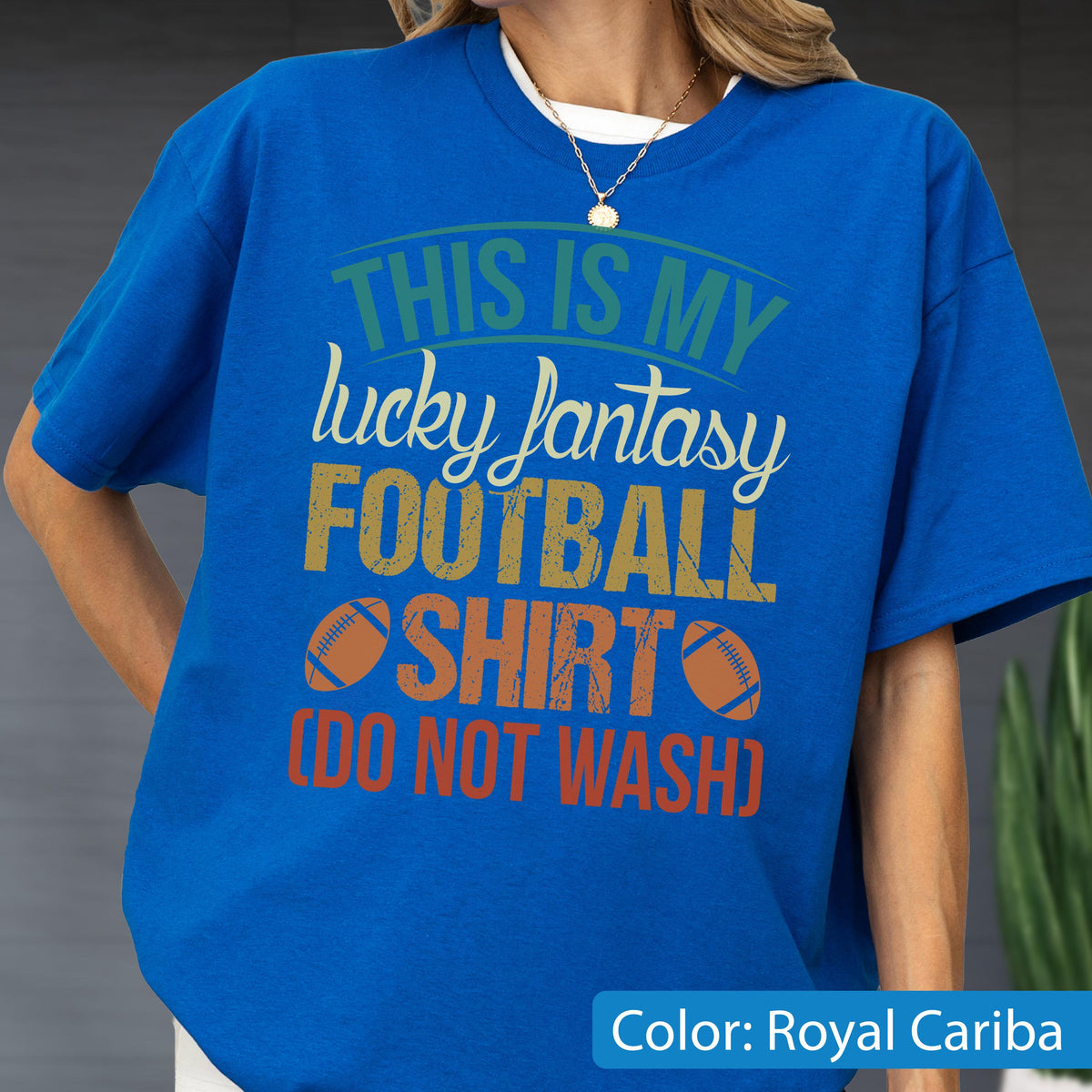 May include: A royal blue short-sleeve t-shirt featuring the text THIS IS MY lucky fantasy FOOTBALL SHIRT (DO NOT WASH) in green, white, yellow, and orange, with two brown football illustrations on the front of the garment.