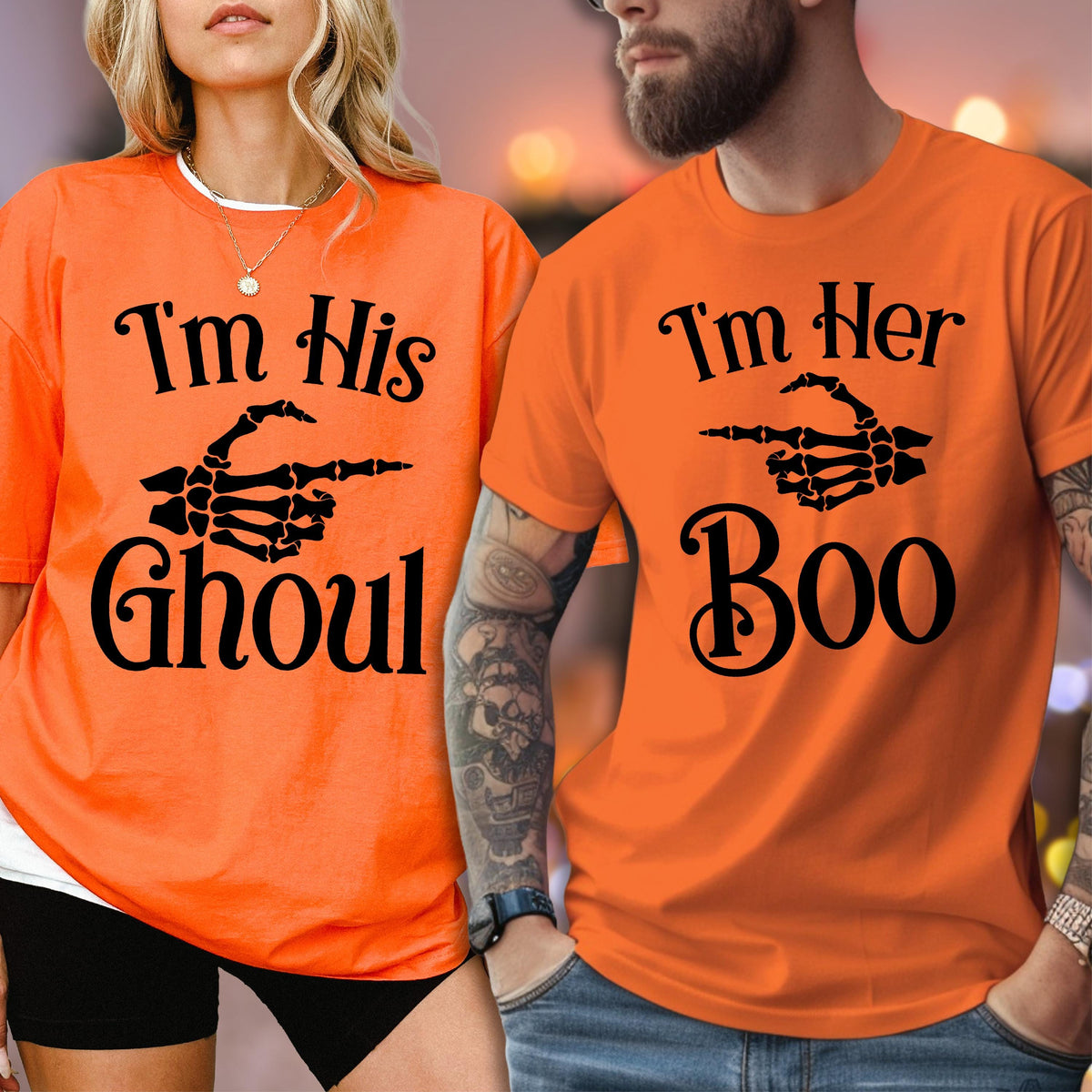 May include: Two bright orange t-shirts featuring black text and a skeleton hand graphic. The left shirt displays the text I'm His GHOUL with a skeleton hand pointing right. The right shirt displays the text I'm Her Boo with a skeleton hand pointing left.