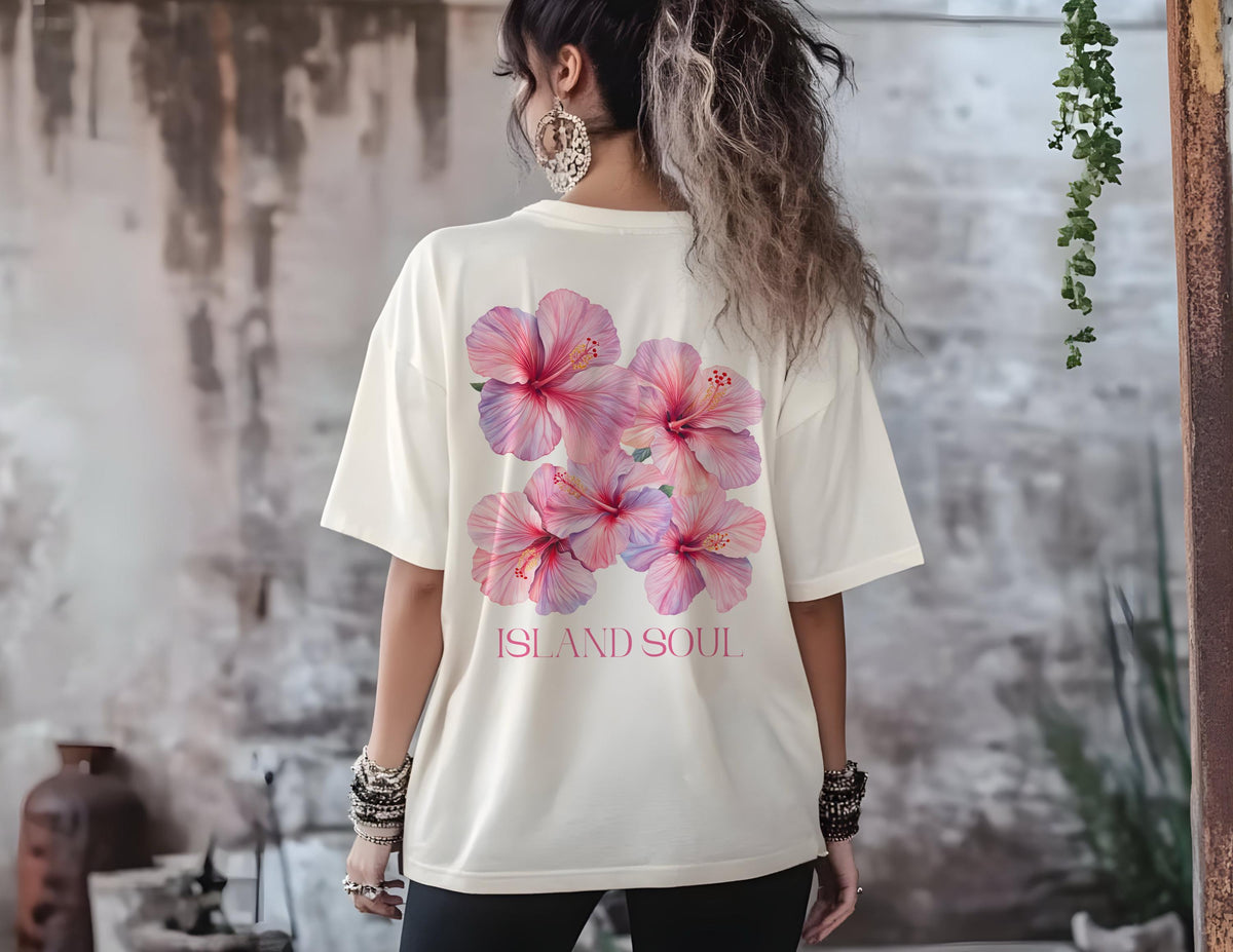 Island Soul Tee, Aloha Hibiscus Flower Shirt, Hawaii Beach Tee, Boho Summer Vacation Shirt, standartd Tropical T-Shirt for Women