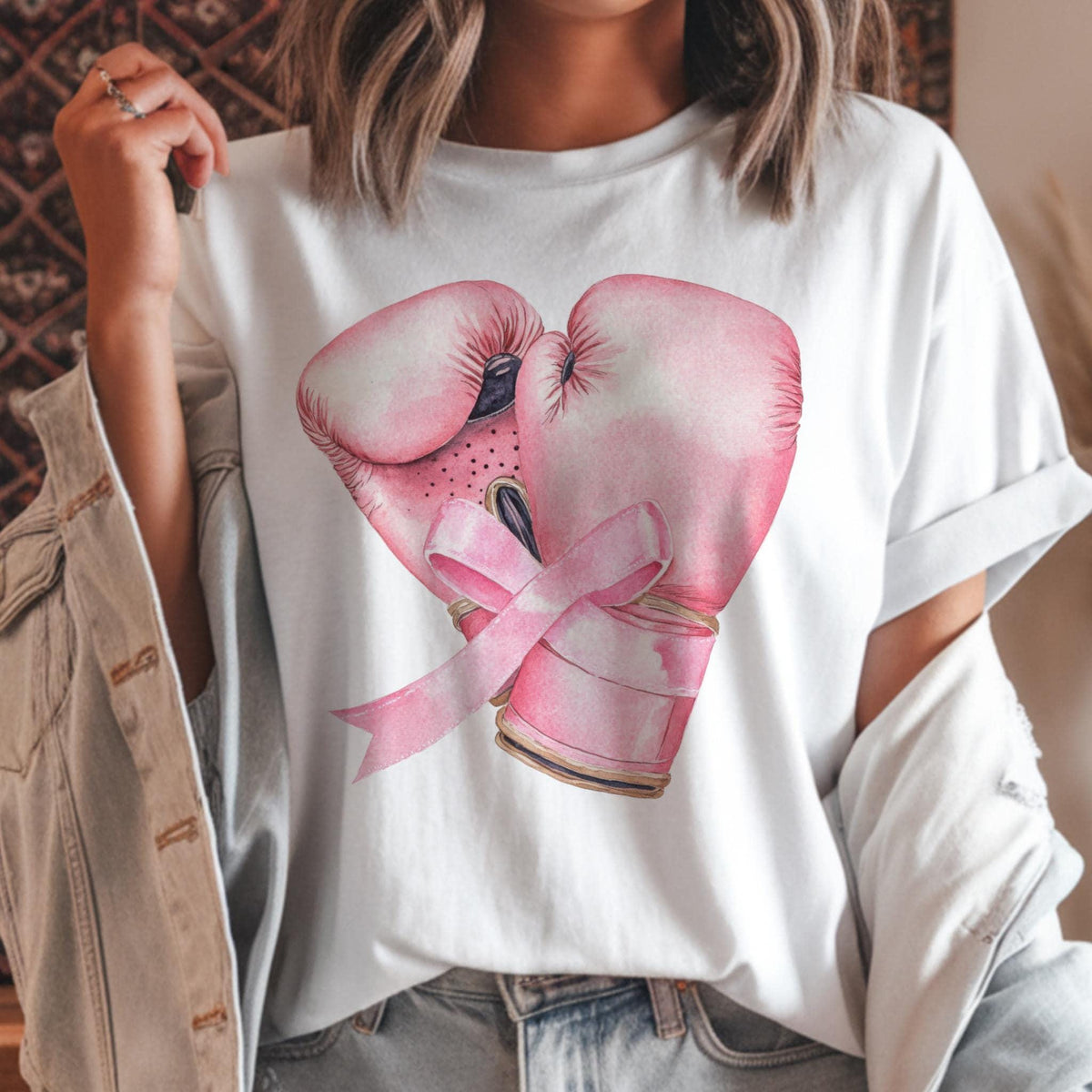 Breast Cancer Awareness Tee: Pink Boxing Gloves Ribbon Shirt
