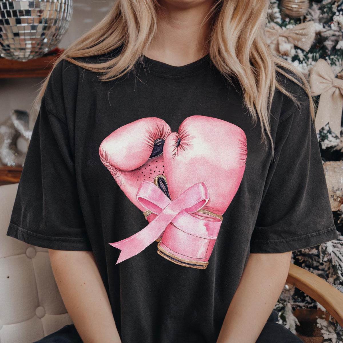 Breast Cancer Awareness Tee: Pink Boxing Gloves Ribbon Shirt