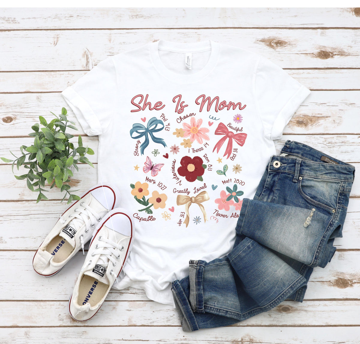 She Is Mom Shirt, Coquette Bow Tee, Praying Mama Tee, Religious Mom Shirt, Floral Bible Verse Shirt, Faith-Inspired Mom Gift