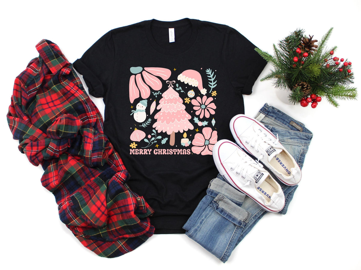Pink Christmas Tree Shirt, Merry Christmas Boho Tee, Retro Floral Holiday Shirt, Cute Pink Xmas Tee, Vintage Christmas Shirt