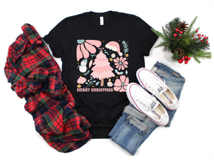 Pink Christmas Tree Shirt, Merry Christmas Boho Tee, Retro Floral Holiday Shirt, Cute Pink Xmas Tee, Vintage Christmas Shirt