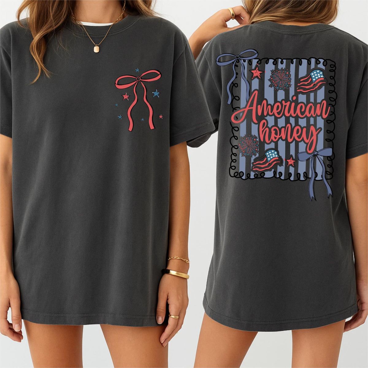 American Honey Coquette Shirt, 4th of July Flag Bows Tee, Red White Blue Tee, Patriotic Summer Shirt