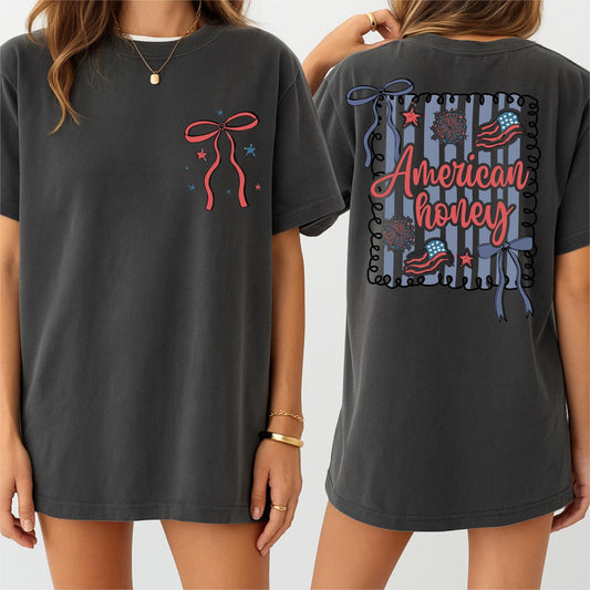 American Honey Coquette Shirt, 4th of July Flag Bows Tee, Red White Blue Tee, Patriotic Summer Shirt