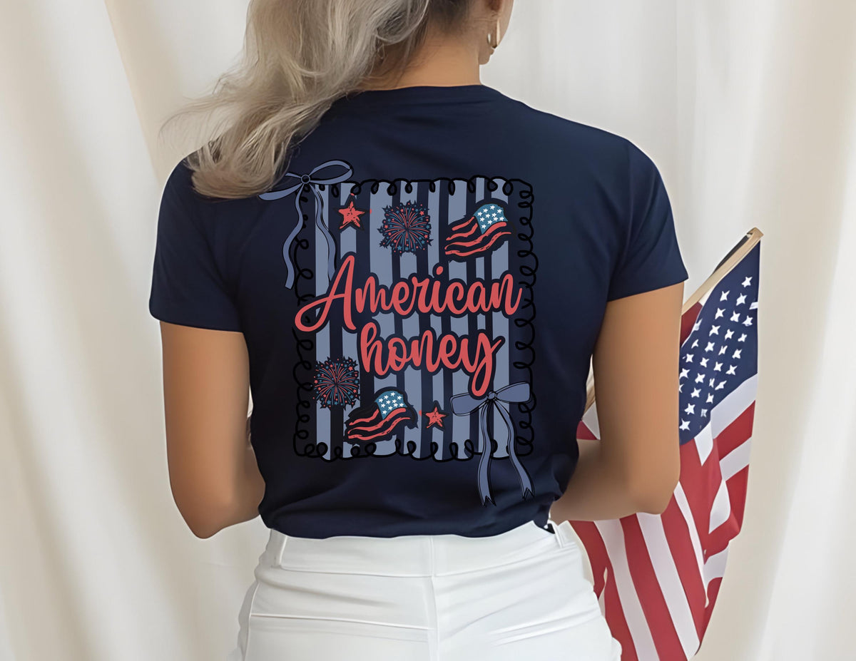 American Honey Coquette Shirt, 4th of July Flag Bows Tee, Red White Blue Tee, Patriotic Summer Shirt