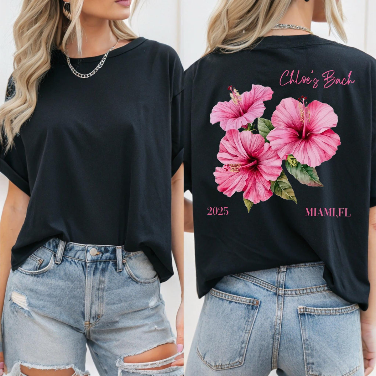 Custom Hibiscus Bachelorette Shirt, Beach Trip Tee, Bridesmaid Gift Tee, Girls Trip Shirt, Custom Name & Date Destination Shirt