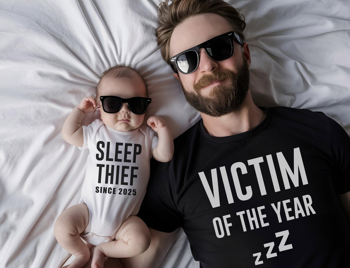 Sleep Thief & Victim of the Year Shirt – Funny Father and Baby Matching Tee, Father's Day Tee, New Dad Shirt
