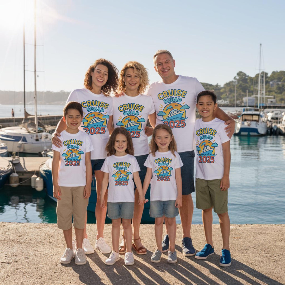 May include: A family of six wearing white t-shirts with a cruise ship graphic and the text 'Cruise Squad 2025'. The family is standing on a dock with a marina in the background.