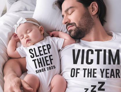 Sleep Thief & Victim of the Year Shirt – Funny Father and Baby Matching Tee, Father's Day Tee, New Dad Shirt