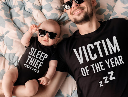 Sleep Thief & Victim of the Year Shirt – Funny Father and Baby Matching Tee, Father's Day Tee, New Dad Shirt