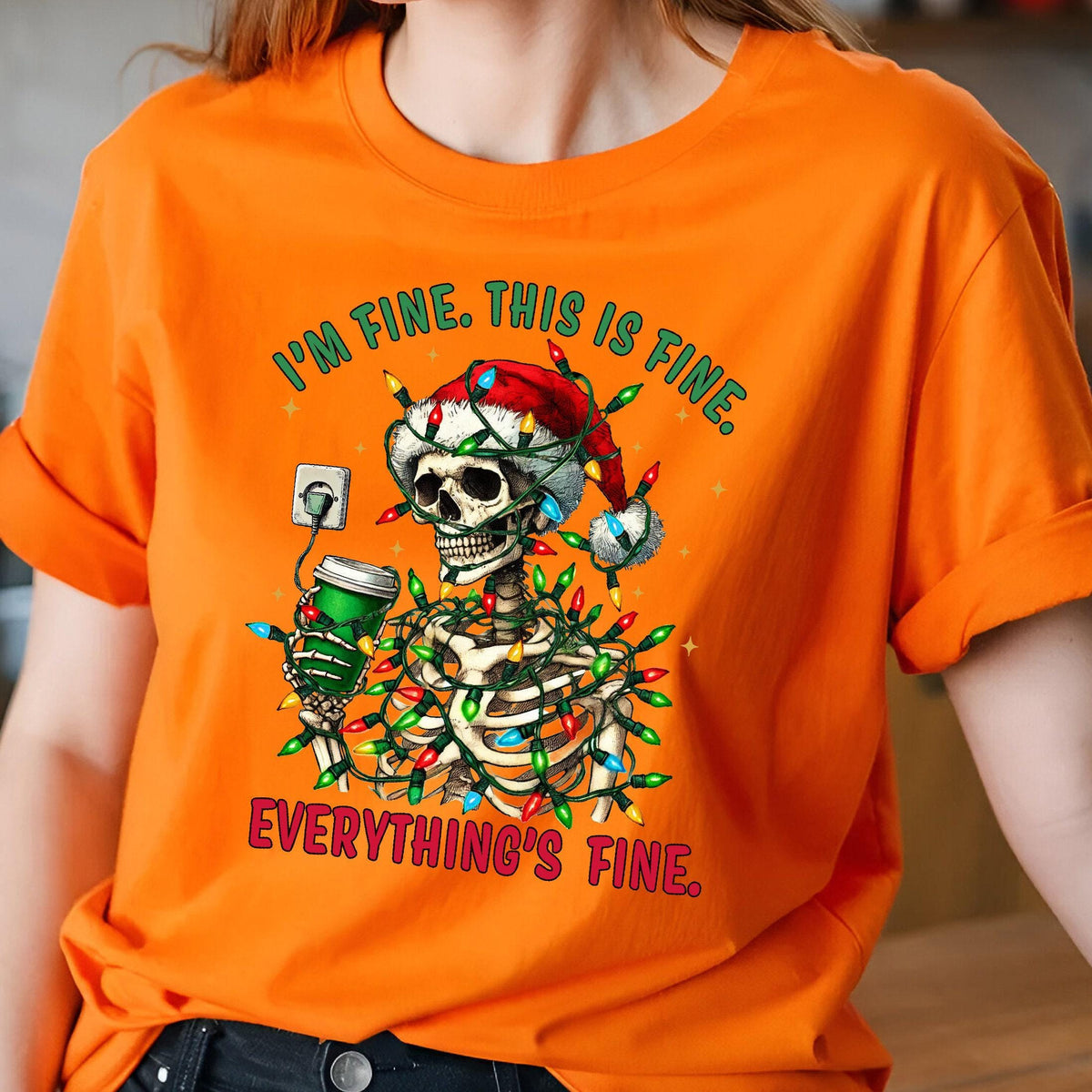 I'm Fine This Is Fine Everything's Fine Shirt, Christmas Lights, Skeleton Christmas Shirt, Skeleton Santa Tee, Christmas Skeleton