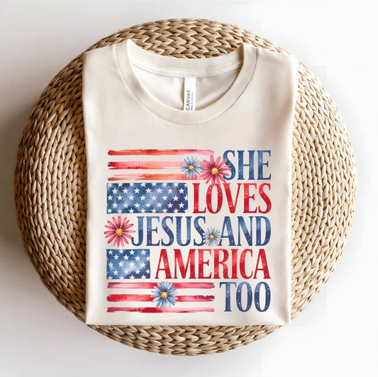 She Loves Jesus and America Too Shirt – Retro USA Tee, Christian Tee, 4th of July Shirt, Patriotic Shirt