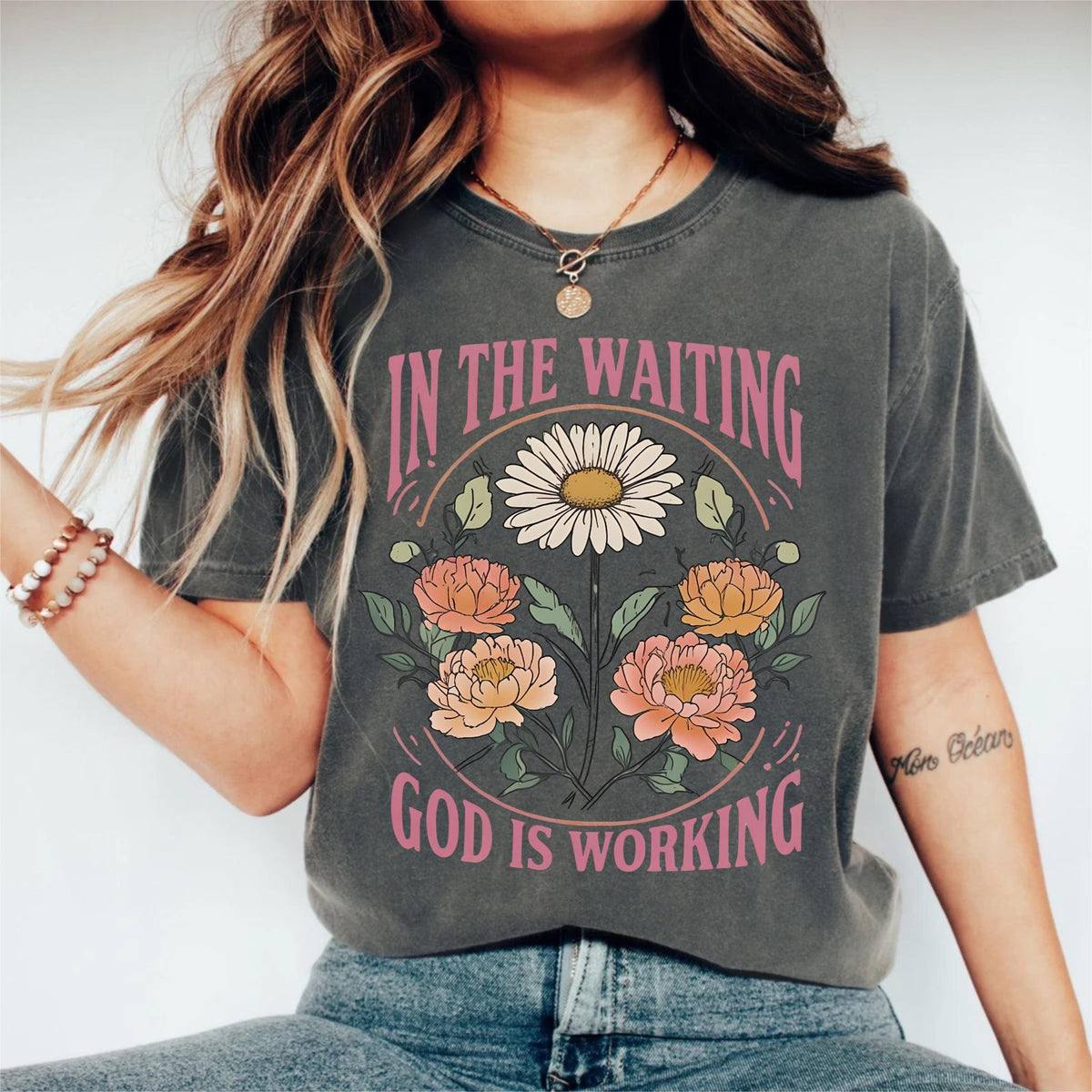 In the Waiting God is Working Shirt, Vintage Floral Christian Tee, Bible Verse Tee,  Wildflower Shirt