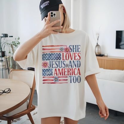 She Loves Jesus and America Too Shirt – Retro USA Tee, Christian Tee, 4th of July Shirt, Patriotic Shirt