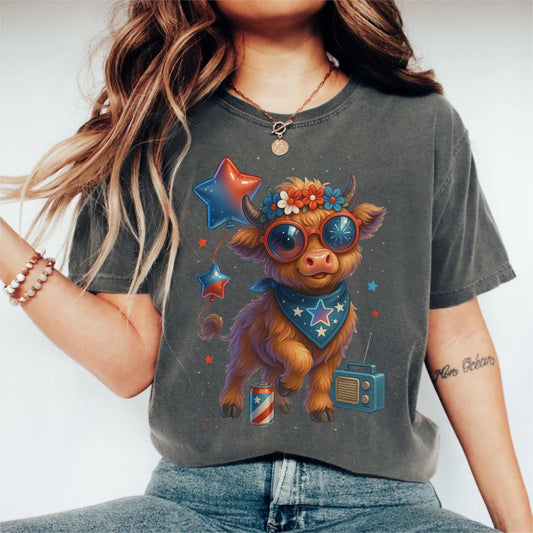 Highland Cow 4th of July Shirt, Patriotic American Cow Tee, Western Independence Day Shirt, Cow Lover Gift, USA Country Graphic Tee
